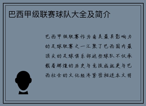 巴西甲级联赛球队大全及简介